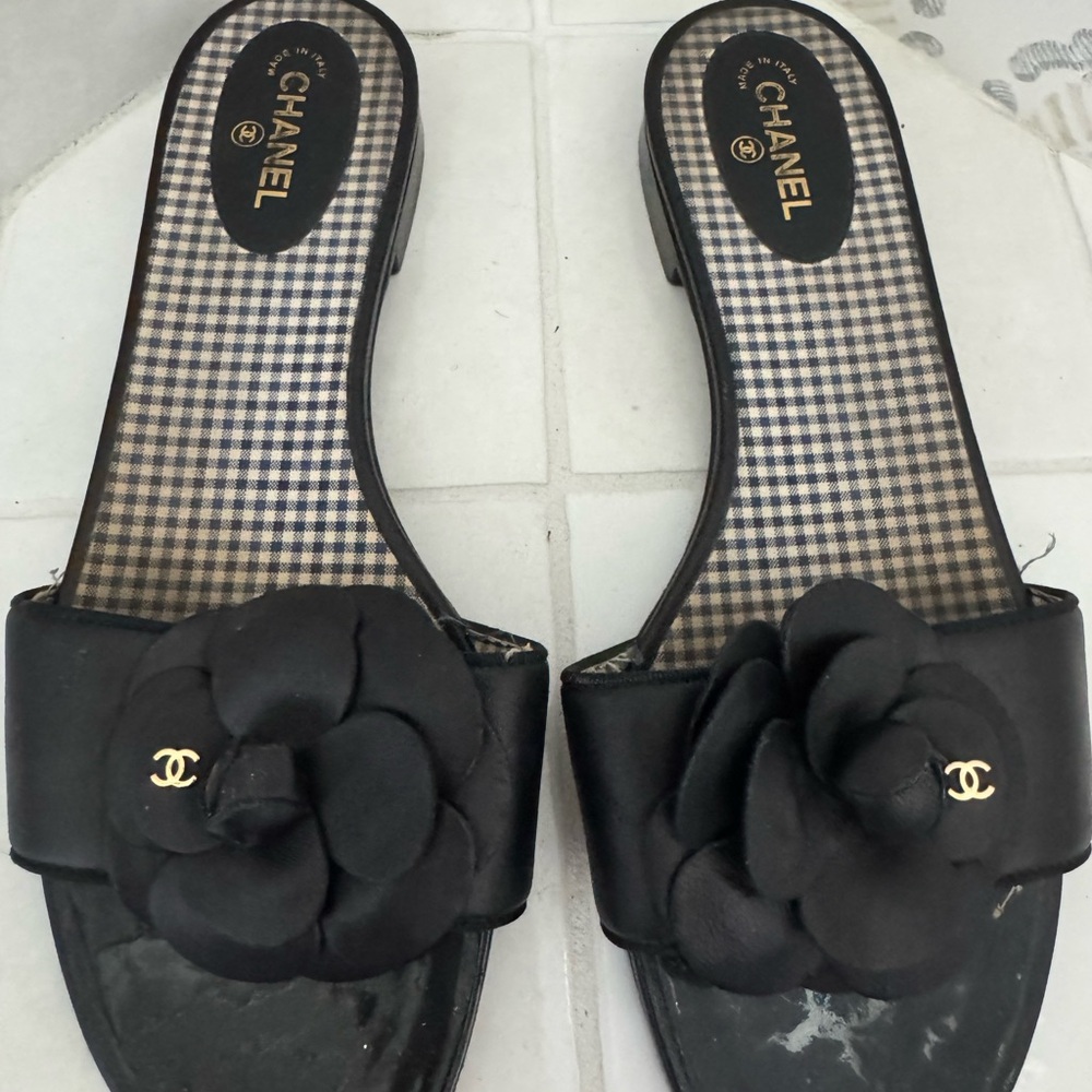 Chanel Black Camellia Slide Sandals with Gold Logo